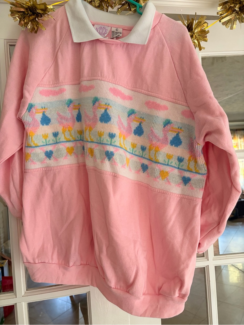 Vintage Pink Pullover Sweater with Pastel Stork Motif